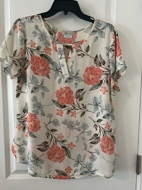 Van Heusen Cream Blouse with Coral Floral Print